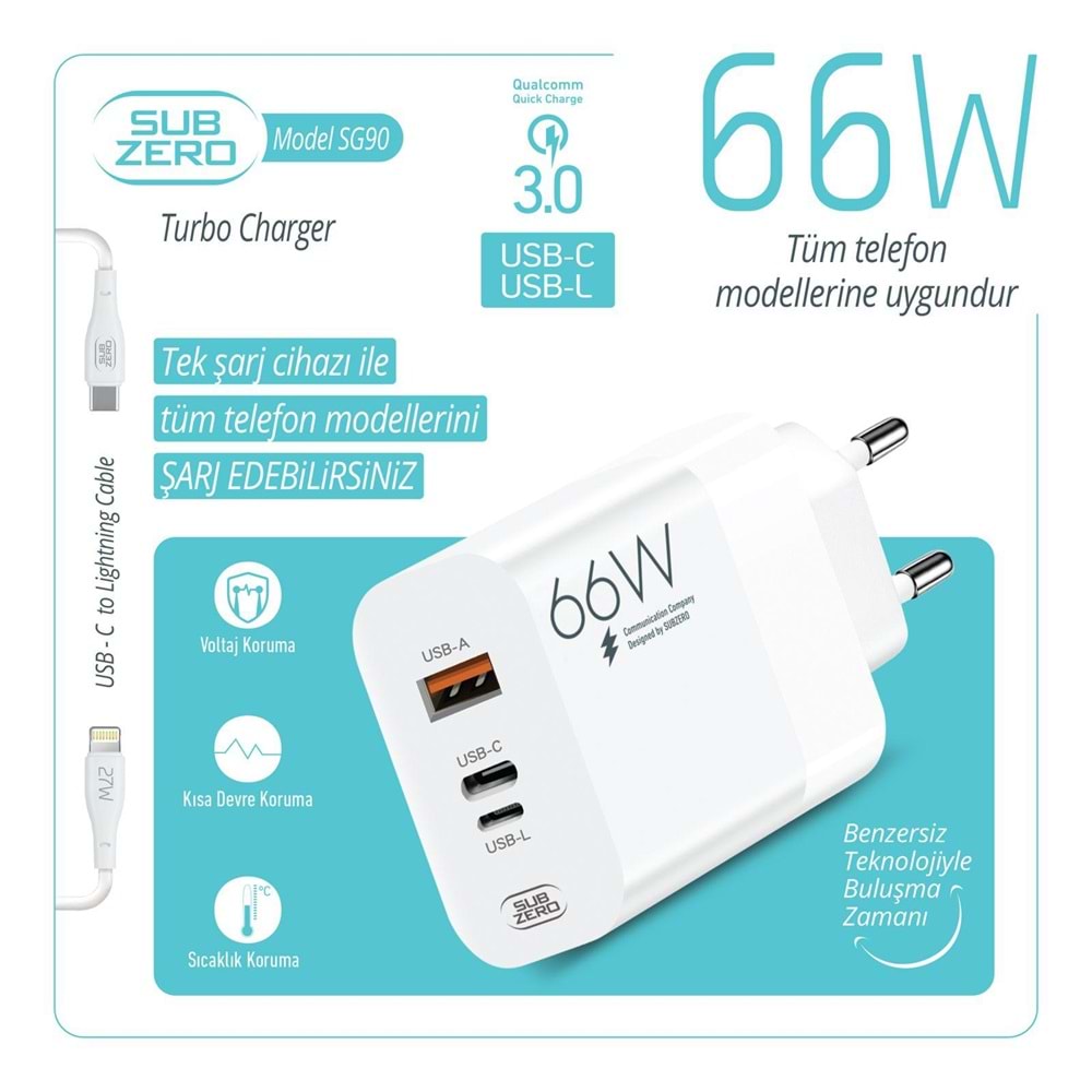 Subzero SG90 66W Usb+PD+Ligtning Girişli Turbo Şarj Aleti
