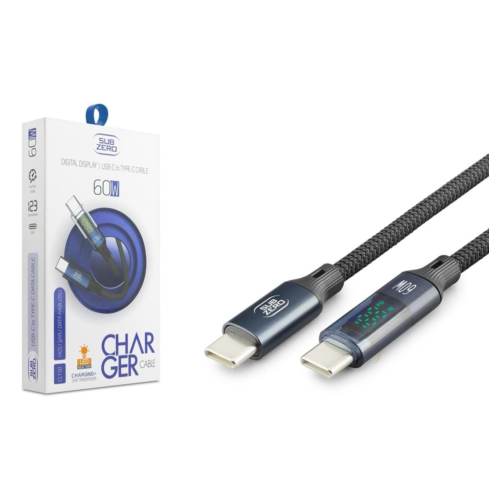 Subzero CL150 60W PD Type-C Type-C Led Göstergeli Hasır Hızlı Şarj Data Kablosu