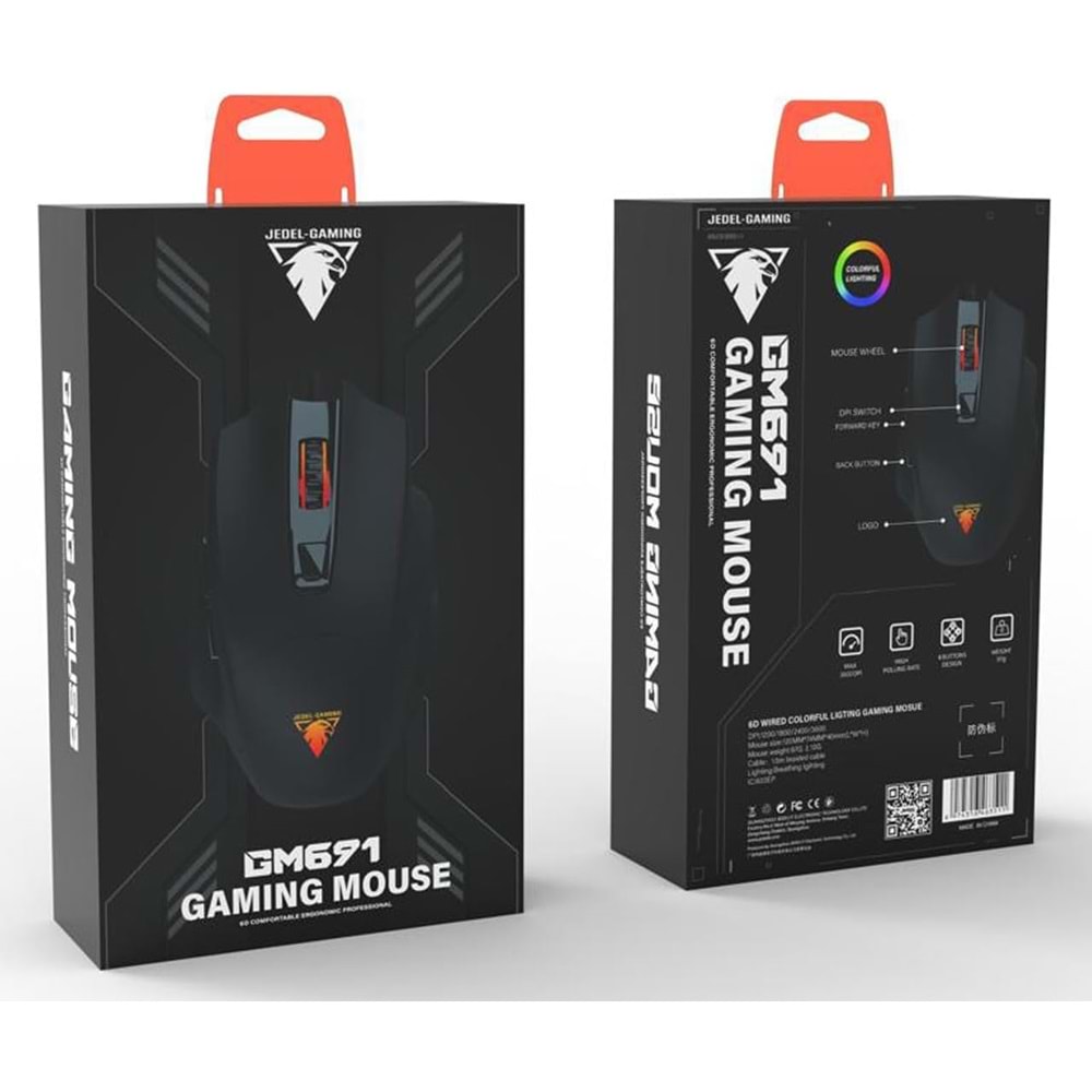 Jedel GM691 Optik Sensör 3600 DPI 7 Düğmeli Örgülü kablolu Gaming Mouse Siyah/Beyaz