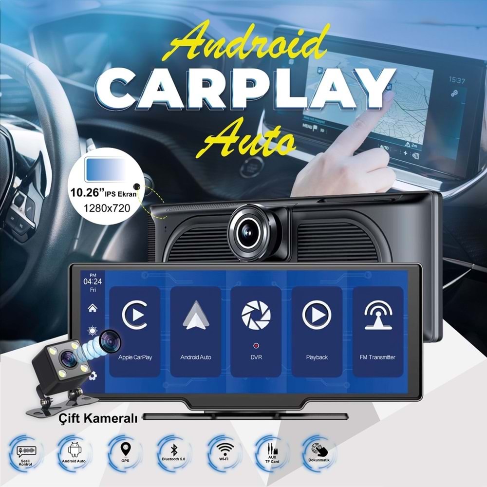Pars H18C Carplay Apple Android Uyumlu 10.2 İnç Büyük Ekran Tak Çalıştır 4K Ön/Arka Çift Kameralı