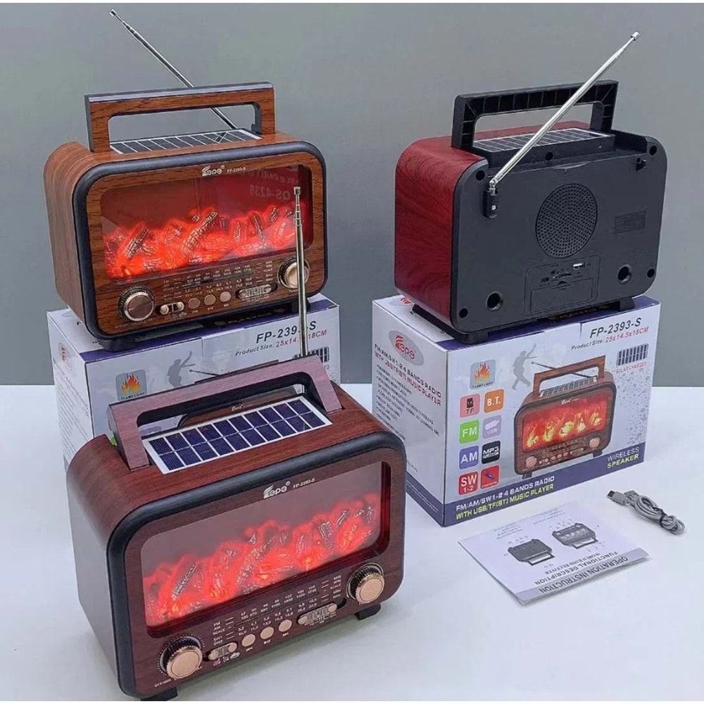 Fepe FP-2393 Şömine Efektli Retro Bluetooth-USB-SD-FM Şarjlı/ Ledli Nostaljik Radyo