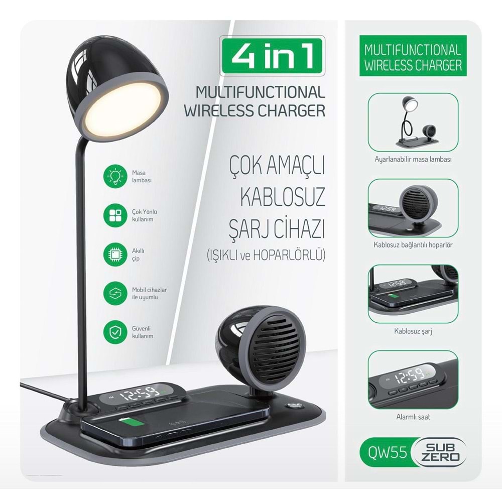 Subzero QW55 4in1 Wireless Kablosuz Şarj Standı/Masa Lambası/Saat/Kablosuz Hoparlör