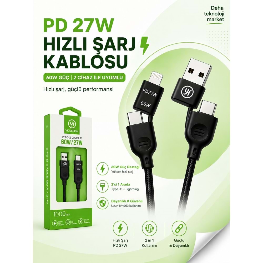 Yk Desıgn YK-K310 4in1 Type-c 60W to USB-A + Type-c to Lightning 27W Hızlı Şarj Kablosu
