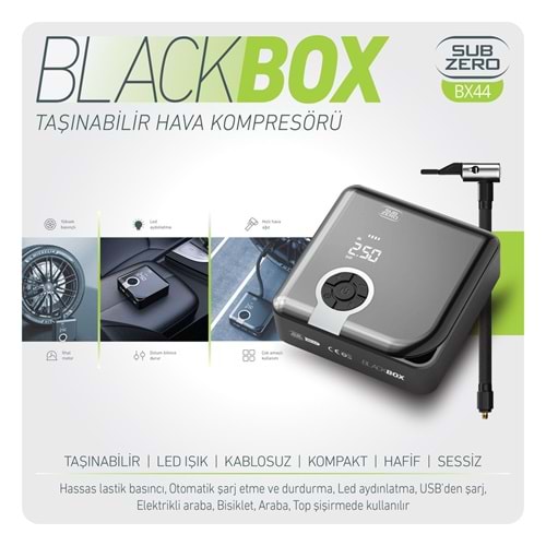 Subzero BX44 Taşınabilir Akıllı Kablosuz Hava Kompresörü - Dijital Ekranlı Şarj Edilebilir Lastik Şişirme Pompası