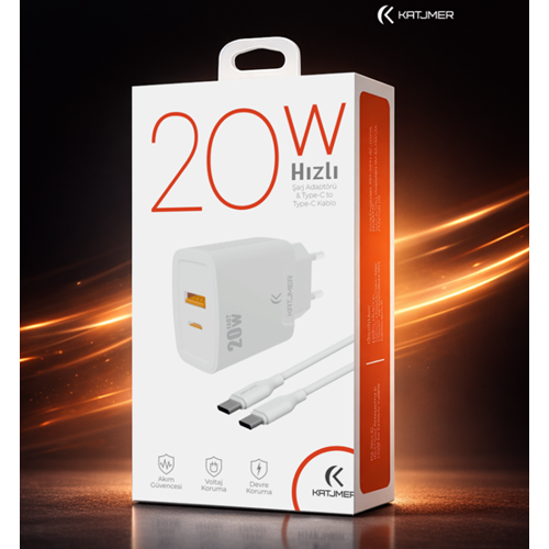 Katjmer KJ-20UP-CC Usb-Pd 20w Şarj Adaptörü Type-C To Type-C Kablo