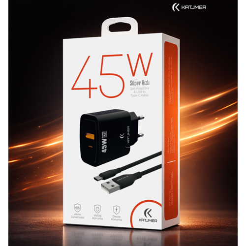 Katjmer KJ-45UP-C Usb-PD 45W Şarj Adaptörü Type-C Kablo