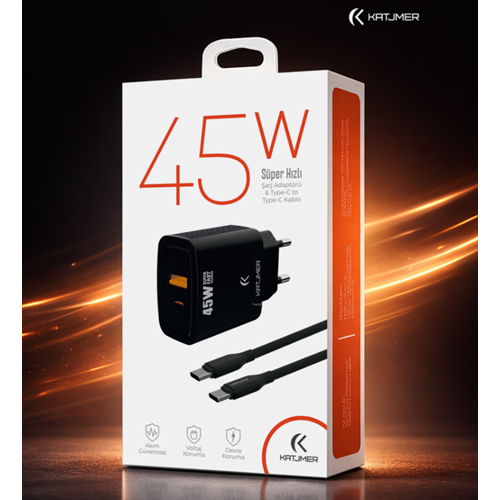 Katjmer KJ-45UP-CC Usb-PD 45W Şarj Adaptörü Type-C to Type-C Kablo