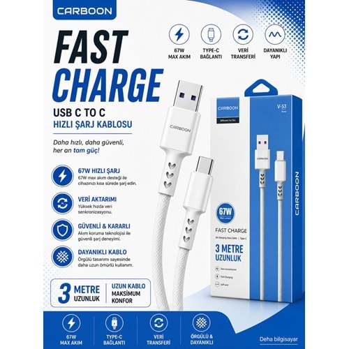 Carboon V-53 3mt Usb to Type-C 67W Şarj Kablosu