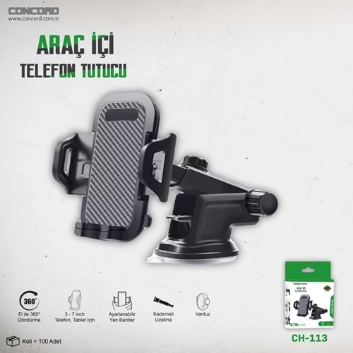 Concord CH-113 Cam Vantuzlu Araç Telefon Tutucu Uzamalı