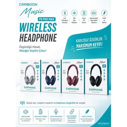 Carboon P9 Pro Max Bluetooth 5.4 Mikrofonlu Kulaküstü Kablosuz Kulaklık
