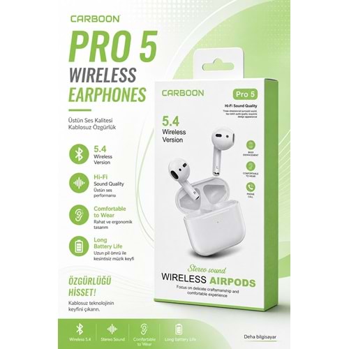 Carboon Pro5 Yeni Nesil Beyaz Bluetooth 5.4 Kulaklık