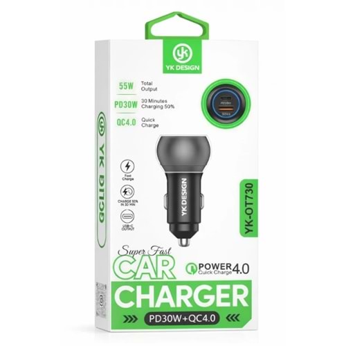 YK Design YK-OT730 USB QC4.0 | PD 30W Araç Şarj Başlığı