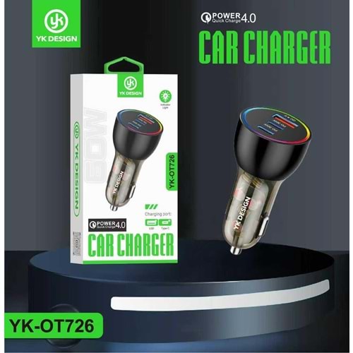 YK Design YK-OT726 USB QC4.0 | PD 30W Araç Şarj Başlığı
