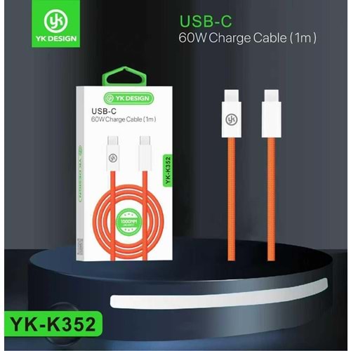 YK Design YK-K352 Type-C to Type-C 60W Örgülü Turunu Şarj Kablosu 1 Metre