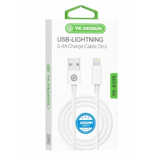 YK Design YK-K359 USB Lightning 3.4A Örgülü Şarj Kablosu 3 Metre