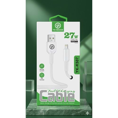 YK Design YK-K507 USB Lightning 27W Elastik Hızlı Şarj Data Kablosu