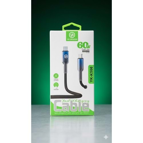 YK Design YK-K506 Type-C to Type-C 60W Örgü Hızlı Şarj Data Kablosu
