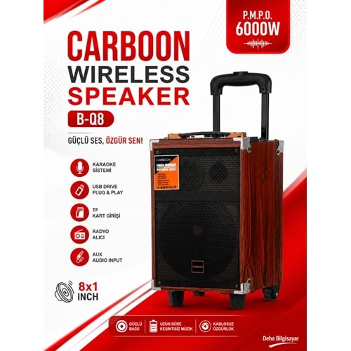 Carboon B-Q8 Mikrofonlu Kumandalı Taşınabilir Tekerlekli Bluetooth Hoparlör Çift Mikrofonlu Kahverengi