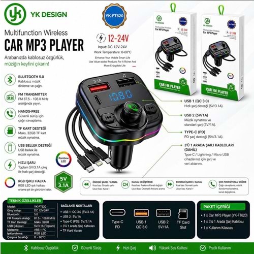 YK Design FT-620 Araç Fm Transmitter Bluetooth Usb Mp3 Sd Kart PD TypeC Şarj