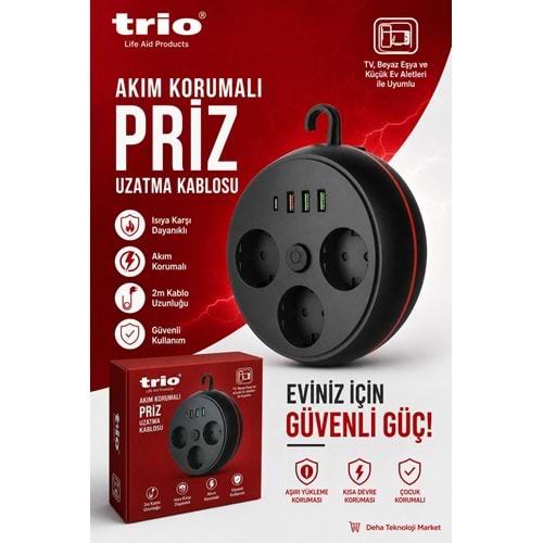 Trio TR3444 Askılı Akım Korumalı 3li Priz Uzatma Kasblosu 2mt 3Usb/1Type-C