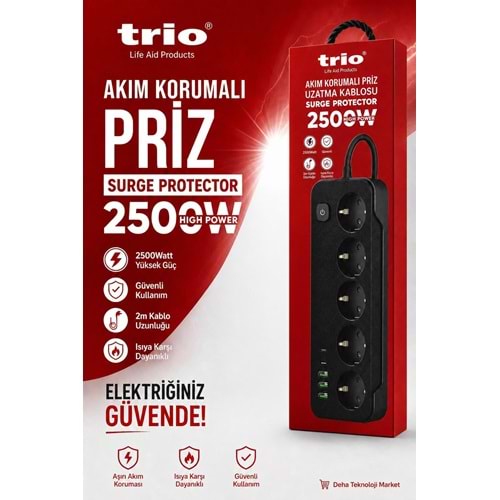 Trio TR3441 Akım Korumalı 5li Priz Uzatma Kasblosu 2mt 3Usb/2Type-C