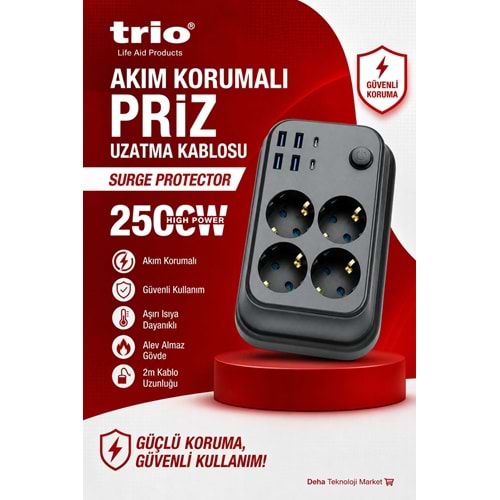 Trio TR3442 Akım Korumalı 4Lü Priz Uzatma Kasblosu 2mt 4Usb/2Type-C