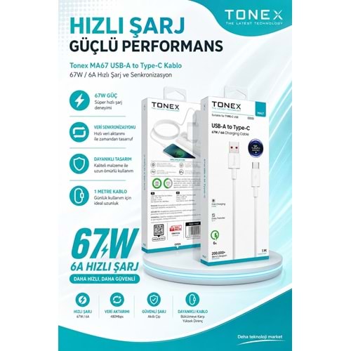 Tonex MA67 67W Type-C Hızlı Şarj Data Kablosu 1mt (Saliseli)