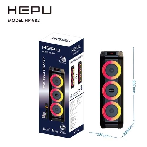 HEPU HP-982 Partybox Bluetooth Hoparlör – 3×8” Hoparlör, 30W Güç, RGB Işık, TWS Destekli
