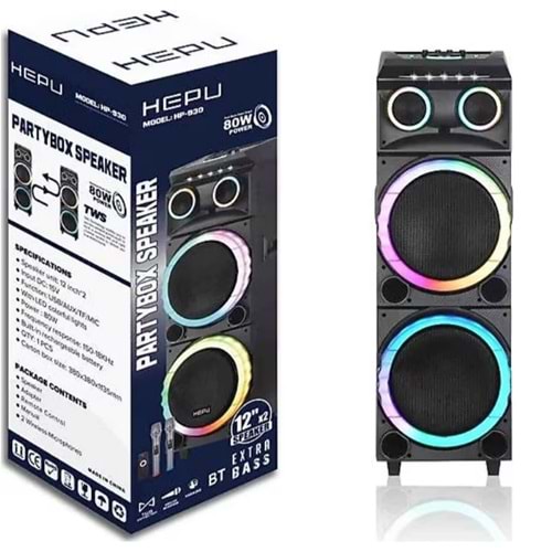 Hepu HP-930 Taşınabilir Şarjlı Ahşap Kasa Bluetooth Parti Hoparlörü 80 w rms 12inc*2 Subw Super Bass