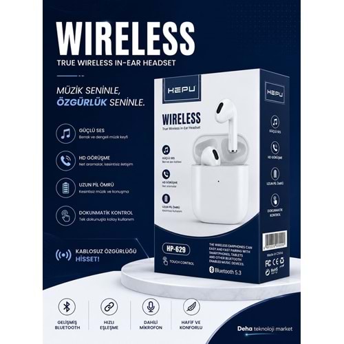 HEPU HP-629 Bluetooth Kablosuz Kulaklık – Şarj Kutulu, Dokunmatik Kontrol, iOS & Android Uyumlu
