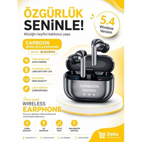 Carboon Budspro Bluetooth 5.4 Silikonlu Kulaklık