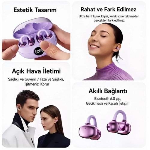 Katjmer Ring Buds Pro Küpe Bluetooth 5.3 Kulaklık (Mor-Gold-Siyah)