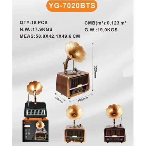 YUEGAN YG-7020BTS Usb/Sd Mp3 Çalar Gramofon Bluetooth Şarjlı Nostaljik Radyo