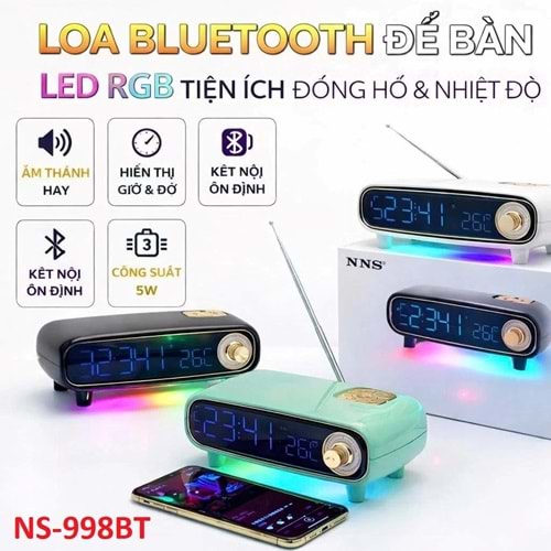 NNS NS-998BT Bluetooth Çok Fonksiyonlu Hoparlör, LED Ekranlı Çalar Saat, Sıcaklık Göstergeli FM Radyo ve RGB