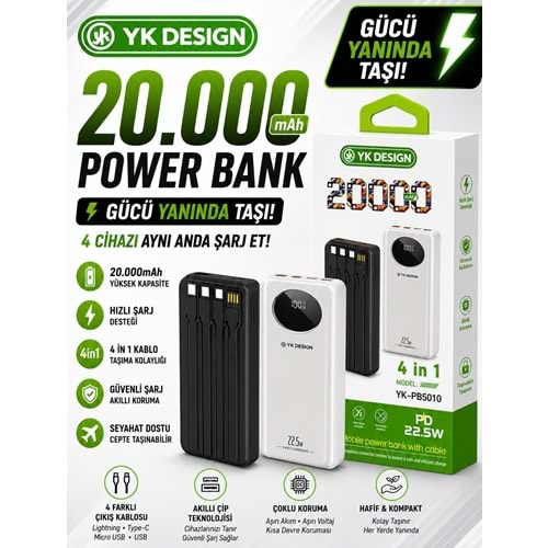 Yk Desıgn PB-5010 20.000 Mah 22.5w Kendinden Kalolu Powerbank