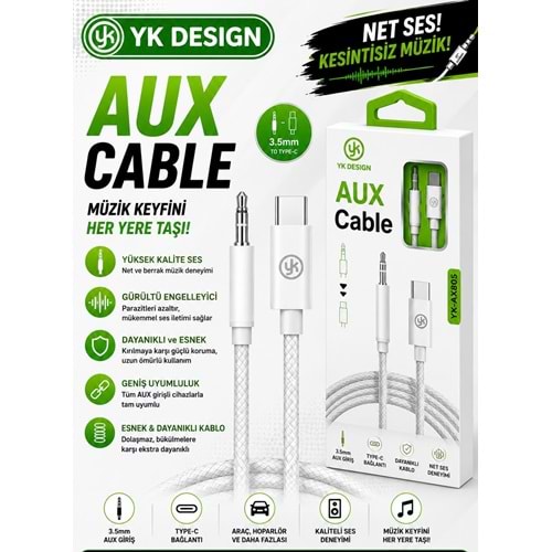 Yk Desıgn YK-AX805 Type-C To 3.5 Mm Aux Kablo 1Mt Tak Çalıştır