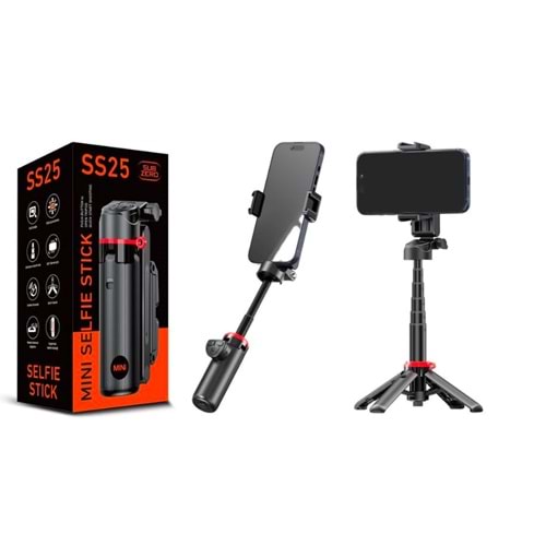 Subzero SS25 Katlanabilir Mini Selfi Çubuğu / Tripod / 39CM Bluetooth Uzaktan Kumanda 360° Dönebilen Telefon Tutucu Tek Tuşla Kurulum