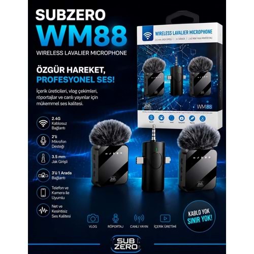 Subzero WM88 Kablosuz Yaka Mini Mic Tak ve Çalıştır Canlı Yayın Vlog Kablosuz Yaka Çift Verici Mikrofon