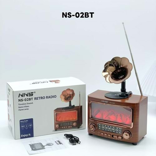NNS NS-02BT Şomine Görünümlü Usb/Sd Mp3 Çalar Bluetooth Şarjlı Nostaljik Radyo