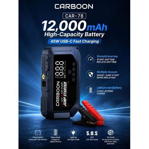 Carboon CAR-78 Kompresör Akü Takviye Cihazı 12.000Mah