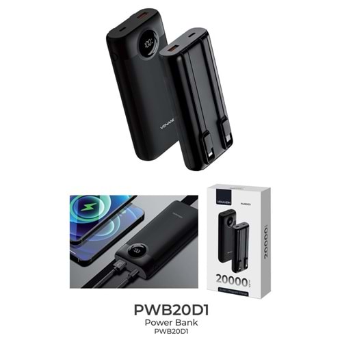 Venandin PWB20D1 20.000 Mah 22.5W Kendinden Kablolu Powerbank