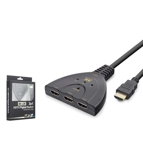 Hadron HDX1439 HDMI Switch 4K Kablolu 3 Giriş 1 Çıkış Siyah