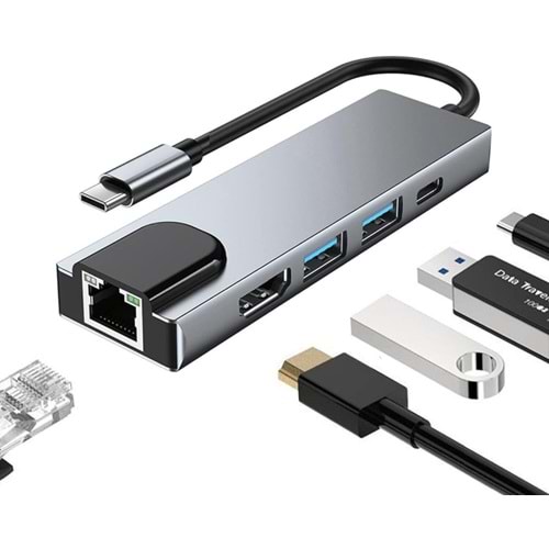 Taplin TK-126 5 in 1 Type-C Hub USB HDMI LAN Çoklayıcı