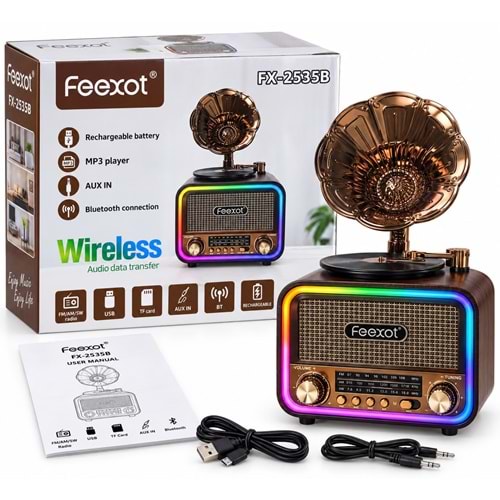 FEEXOT FX-2535B Usb/Sd Mp3 Çalar Gramofon Bluetooth Şarjlı Nostaljik Radyo