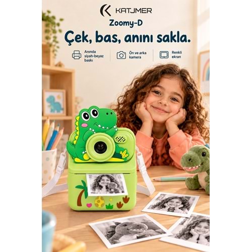 Katjmer KJ/ZM-001 Zoomy-D Dinazor Figürlü Anında Baskılı Çocuk Kamerası