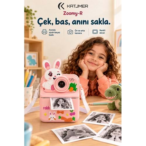 Katjmer KJ/ZM-001 Zoomy-R Tavşan Figürlü Anında Baskılı Çocuk Kamerası