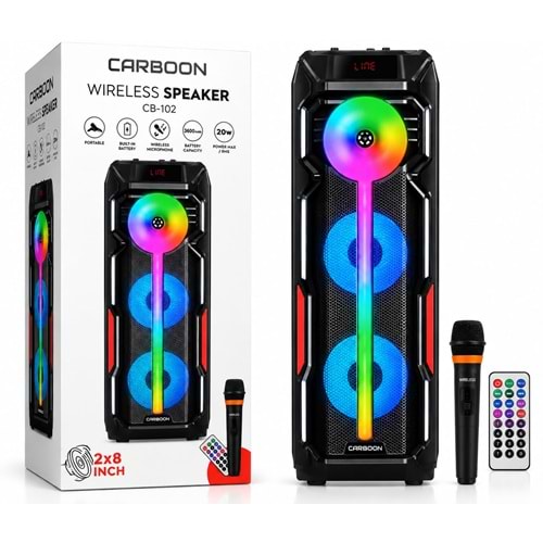 Carboon CB-102 Profosyonel Işıklı Tek Kablosuz Mikrofonlu Müzik Kutusu