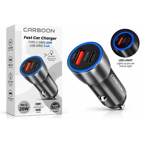 Carboon CC214 20W 3.4A PD+Usb Çıkışlı Metal Ledli Araç Şarj Başlığı