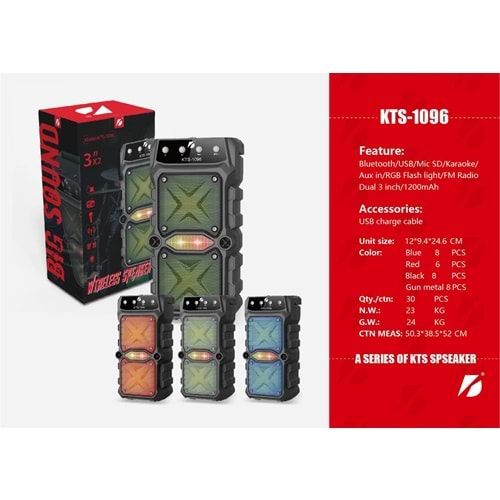 KTS-1096 Taşınabilir Kablosuz Blutooth Hoparlör LED Işık