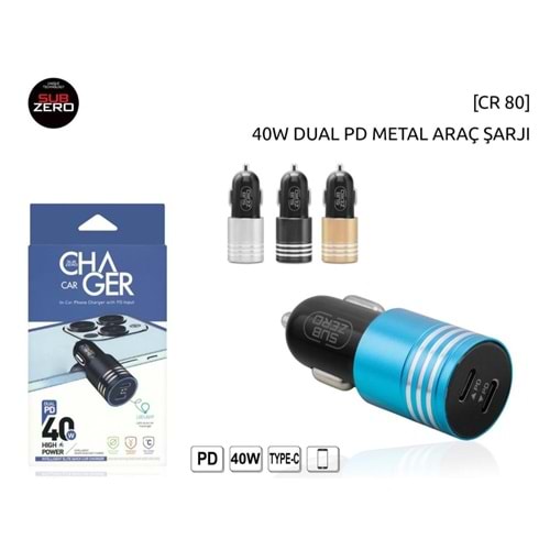 Subzero CR80 PD 40W Çift Çıkış Type-C Çıkışlı Araç Şarj Başlıgı
